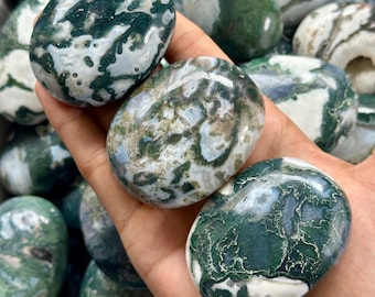 Polished Moss Agate Palmstones: Natural Forest Green Crystal