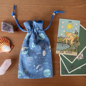 Vissen Tarot Kaart Trekkoord Tas, Runen Stenen, Oracle Kaarten, Kristallen, Pouch, Blauwe Astrologie Zodiac Print Stof / Satijn Voering
