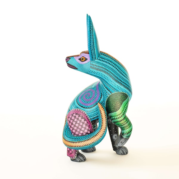 Schöne große Alebrije "Zapotec Fox". Hergestellt aus einem einzigen Stamm aus Kopalholz. KOSTENLOSER VERSAND!!
