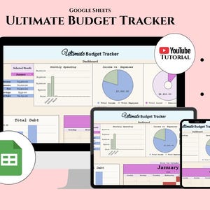 Könnte beinhalten: Ein digitales Budget-Tracking, das auf einem Computermonitor, Tablet und Smartphone angezeigt wird. Die Tabelle enthält Abschnitte für Monatsbudget, Einnahmen, Ausgaben, Ersparnisse und Schulden. Der Text "Ultimate Budget Tracker" ist sichtbar.