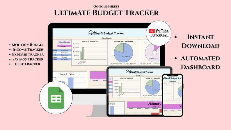 K&ouml;nnte beinhalten: Ein digitales Budget-Tracking, das auf einem Computermonitor, Tablet und Smartphone angezeigt wird. Die Tabelle enth&auml;lt Abschnitte f&uuml;r Monatsbudget, Einnahmen, Ausgaben, Ersparnisse und Schulden. Der Text "Ultimate Budget Tracker" ist sichtbar.