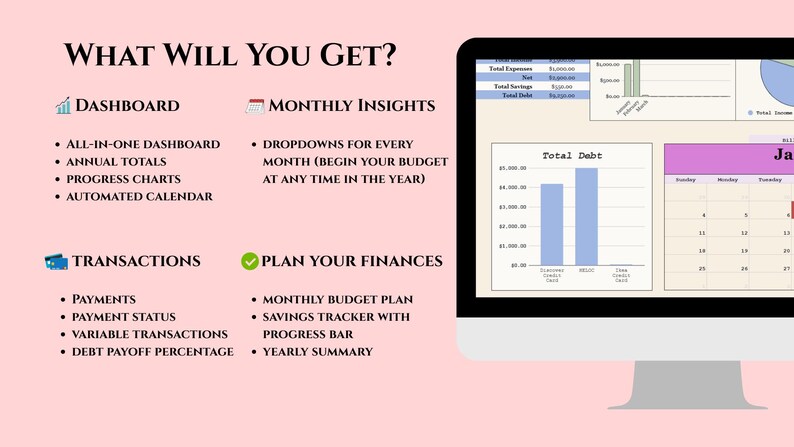 K&ouml;nnte beinhalten: Ein Computermonitor zeigt ein Finanz-Dashboard mit Diagrammen und Grafiken. Auf dem Bildschirm sind "Total Debt" und ein Kalender zu sehen. Das Bild listet auch Funktionen wie "Dashboard", "Monthly Insights" und "Plan Your Finances" auf.