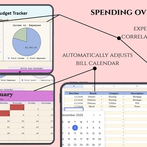 K&ouml;nnte beinhalten: Eine digitale Budget-Tracker-Oberfl&auml;che mit Dashboard, Tortendiagramm und Kalender. Die Oberfl&auml;che zeigt monatliche Ausgaben, Einnahmen vs. Ausgaben und einen Ausgaben-Tracker, der mit Diagrammen korreliert. Der Kalender passt sich automatisch an.