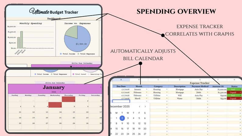 K&ouml;nnte beinhalten: Eine digitale Budget-Tracker-Oberfl&auml;che mit Dashboard, Tortendiagramm und Kalender. Die Oberfl&auml;che zeigt monatliche Ausgaben, Einnahmen vs. Ausgaben und einen Ausgaben-Tracker, der mit Diagrammen korreliert. Der Kalender passt sich automatisch an.