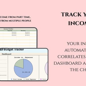 K&ouml;nnte beinhalten: Ein digitaler Einkommens-Tracker mit einer Tabelle und einem Dashboard mit Kreisdiagramm. Der Text auf dem Bild lautet "Verfolgen Sie Ihr Einkommen" und "Platz f&uuml;r Einkommen aus Teilzeit, Vollzeit oder von mehreren Personen."