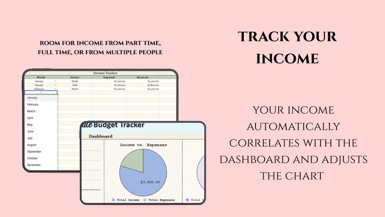 K&ouml;nnte beinhalten: Ein digitaler Einkommens-Tracker mit einer Tabelle und einem Dashboard mit Kreisdiagramm. Der Text auf dem Bild lautet "Verfolgen Sie Ihr Einkommen" und "Platz f&uuml;r Einkommen aus Teilzeit, Vollzeit oder von mehreren Personen."