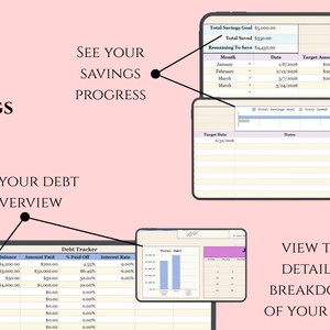 K&ouml;nnte beinhalten: Eine digitale Finanzplanungs-Grafik mit den Worten &bdquo;Schulden & Sparen&ldquo; und &bdquo;Sehen Sie Ihren Sparfortschritt&ldquo; und &bdquo;Sehen Sie Ihren Schulden&uuml;berblick&ldquo;. Das Bild zeigt einen Spar-Tracker und einen Schulden-Tracker mit Diagrammen und Tabellen.