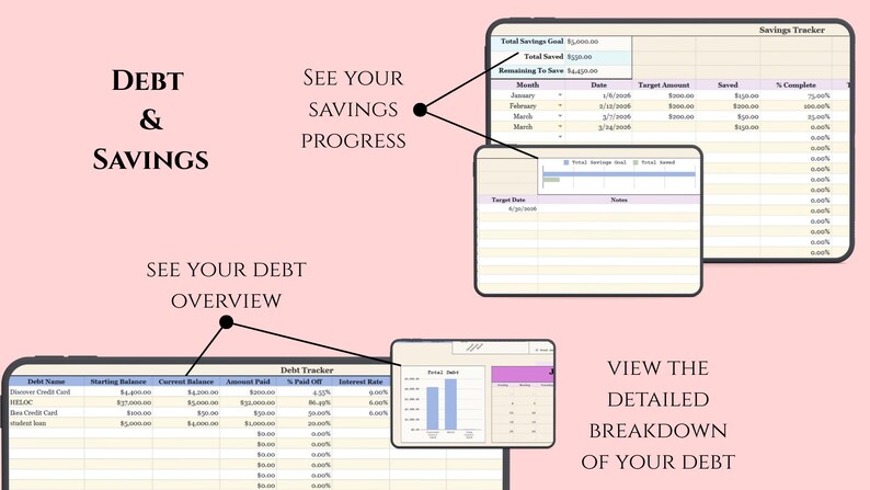 K&ouml;nnte beinhalten: Eine digitale Finanzplanungs-Grafik mit den Worten &bdquo;Schulden & Sparen&ldquo; und &bdquo;Sehen Sie Ihren Sparfortschritt&ldquo; und &bdquo;Sehen Sie Ihren Schulden&uuml;berblick&ldquo;. Das Bild zeigt einen Spar-Tracker und einen Schulden-Tracker mit Diagrammen und Tabellen.