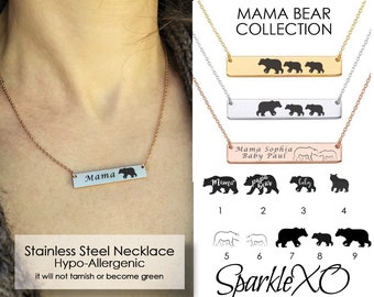 Mama Bear Necklace • Name Necklace • Personalized Necklace • Gift for Mom • Bar Necklace • Initial Necklace • Bear Cubs Necklace for Women