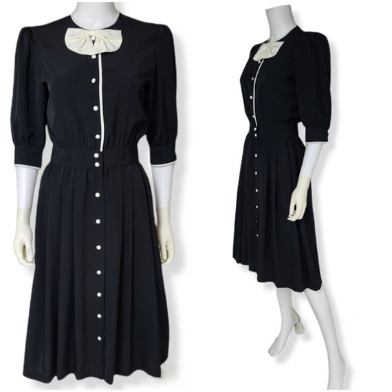 Vintage 80s Black & White Midi Dress with Bow and… - image 3