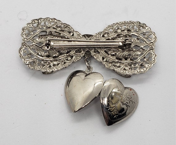 Vintage Silvertone Bow Heart Locket Brooch Pin Vi… - image 3