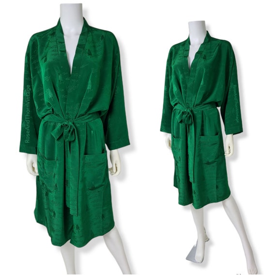 Vintage Emerald Green, Cold Rayon Robe Dressing G… - image 2