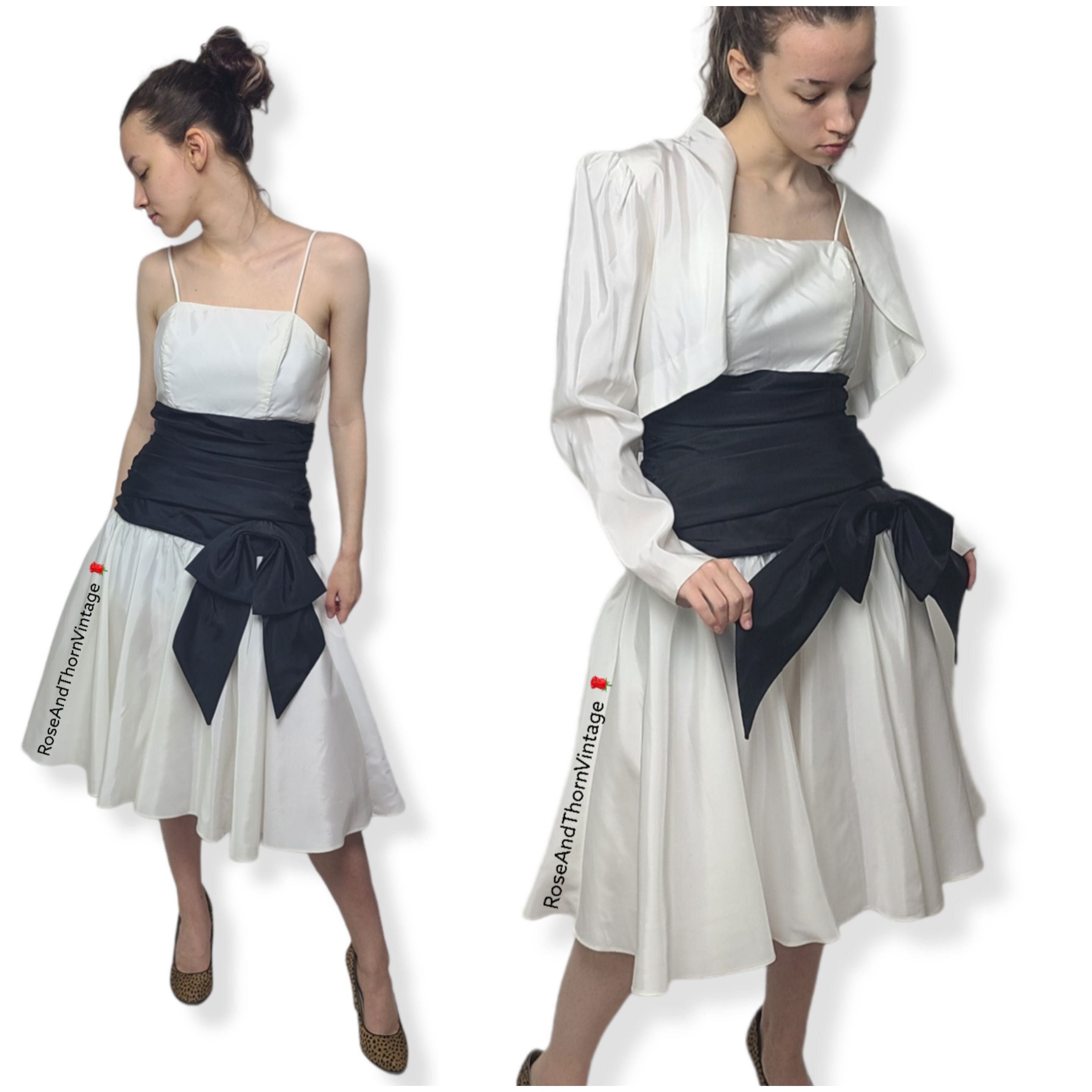 Vintage 80s Black and White Ruched Waist With Big Bow W