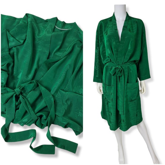 Vintage Emerald Green, Cold Rayon Robe Dressing G… - image 4