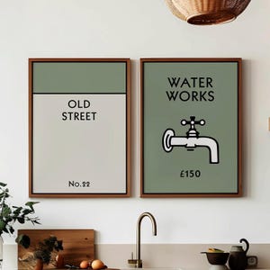 CustomMonopoly Art Wall art sage green monopoly water works personalised monopoly print and poster monopoly wall art gift Set of 2