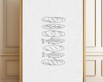 Jesus Feeds the Five Thousand, Bible Verse Art, Matthew 14:13-21, Bible Art, Bread and Fish Art Prints, Christian Poster, Jesus Miracle Art