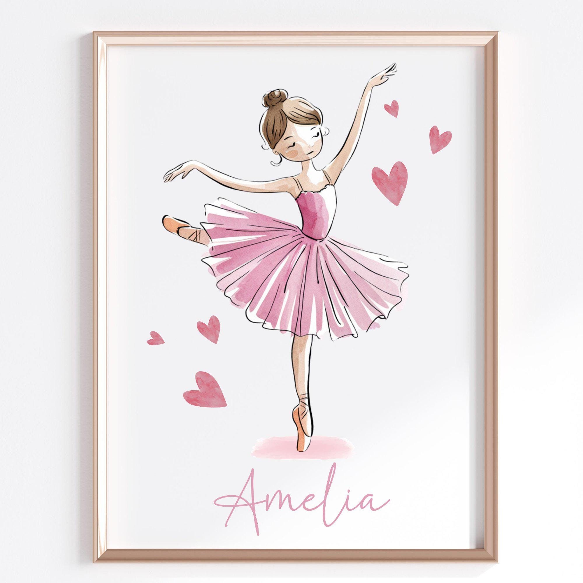 Art mural ballerine, art mural personnalisé pour filles, art personnalisé danseuse, art mural nom personnalisé, décoration murale pour chambre de fille aquarelle rose, art de la ballet