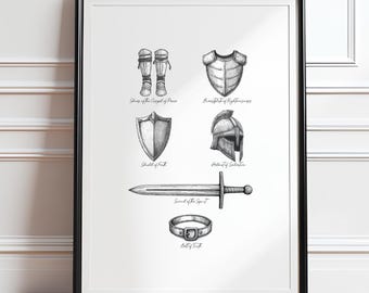 Armor of God Wall Art, Ephesians 6 Illustration, Bible Sketch, Sword of the Spirit, Shield of Faith, Helmet of Salvation, Bible Verse Print