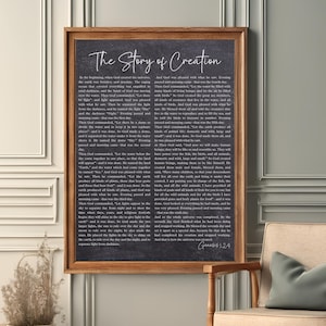 The Story of Creation Print, Genesis Wall Art, Vintage Typography Art, Scripture Wall Decor, Genesis 1-2:4, Bible Verse Wall Art, Digital