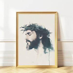 Jesus Portrait, Watercolor Jesus Painting, Illustration of Jesus, Crown of Thorns Artwork, Minimalist Jesus Wall Art, DIGITAL DOWNLOAD