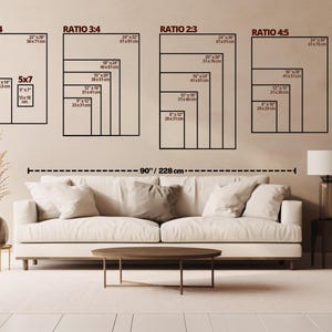 May include: A diagram showing different aspect ratios for framing artwork. The ratios are 3:4, 2:3, 4:5, 5x7, and 11x14. The diagram shows the dimensions in inches and centimeters for each ratio. The diagram is displayed on a wall above a white couch.