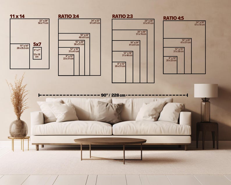 May include: A diagram showing different aspect ratios for framing artwork. The ratios are 3:4, 2:3, 4:5, 5x7, and 11x14. The diagram shows the dimensions in inches and centimeters for each ratio. The diagram is displayed on a wall above a white couch.