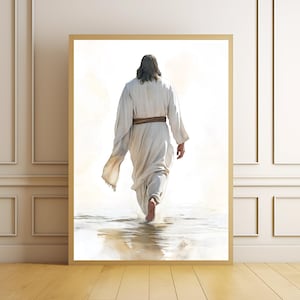 Por sus heridas fuimos sanados, retrato de Jesús caminando sobre el agua, pintura de Jesús en acuarela, ilustración de Jesús, marcas de clavos, impresión de Cristo