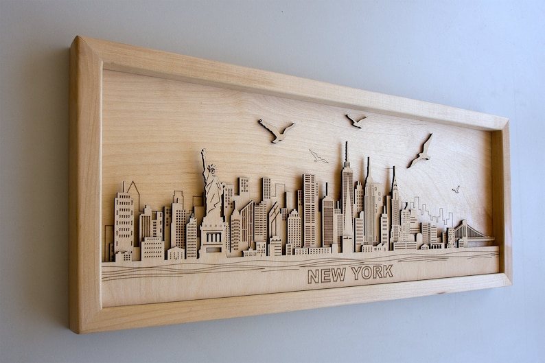 New York 3D Wall Art Framed Skyline Wooden Cityscape Layered Laser Cut Free Express Shipping image 1