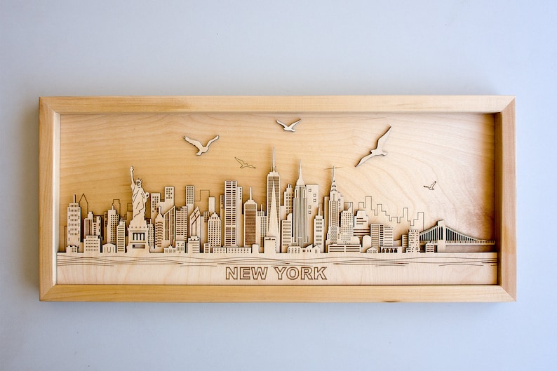 New York 3D Wall Art Framed Skyline Wooden Cityscape Layered Laser Cut Free Express Shipping image 2