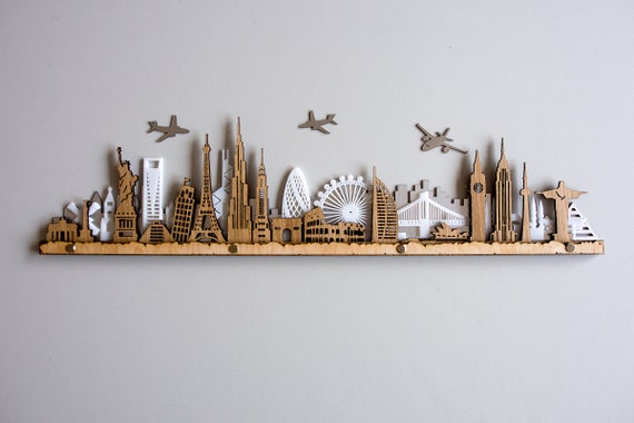 World 3d Skyline Layered Wooden Cityscape Laser Cut Wall Art 