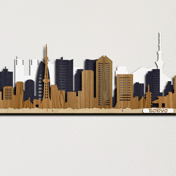 Tokyo Skyline Gekleurde Houten Cityscape 3D Gelaagde Laser Cut Wall Art