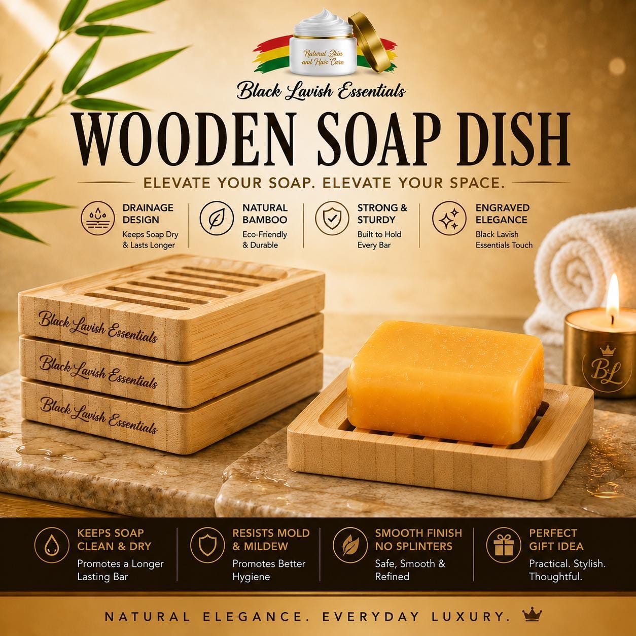 Wooden Soap Dish Value Pack, Black Lavish Essentials Engraved Soap Tray, Natural Wood Bar Soap Holder with Drainage, Bathroom Accessory