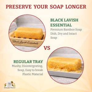 K&ouml;nnte beinhalten: Bild, das Seife auf einer Bambusschale mit einer regul&auml;ren Ablage vergleicht. Der Text lautet &bdquo;PRESERVE YOUR SOAP LONGER&ldquo;. Die Bambusschale ist mit &bdquo;Black Lavish Essential&ldquo; und die regul&auml;re Ablage mit &bdquo;Regular Tray&ldquo; beschriftet.