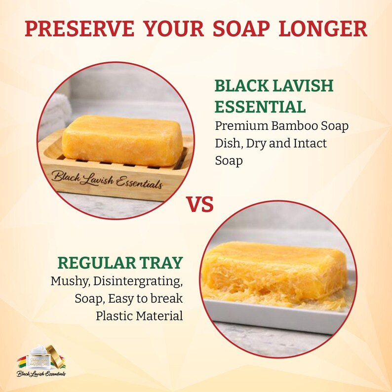 K&ouml;nnte beinhalten: Bild, das Seife auf einer Bambusschale mit einer regul&auml;ren Ablage vergleicht. Der Text lautet &bdquo;PRESERVE YOUR SOAP LONGER&ldquo;. Die Bambusschale ist mit &bdquo;Black Lavish Essential&ldquo; und die regul&auml;re Ablage mit &bdquo;Regular Tray&ldquo; beschriftet.