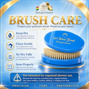 May include: A blue oval 360 Wave Brush with light-colored bristles, displayed on a gold-rimmed stand. The graphic includes text: BRUSH CARE, Keep Dry, Clean Gently, Air Dry Fully, Store Properly, and Not intended for repeated shower use.