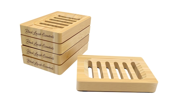 Wooden Soap Dish Value Pack, Black Lavish Essentials Engraved Soap Tray, Natural Wood Bar Soap Holder with Drainage, Bathroom Accessory