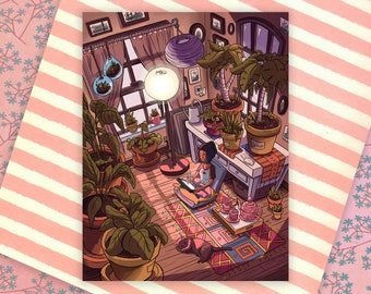 Plant Room Art Print l 5.5x4.25" Matte Postcard l Plant Mom with Cat