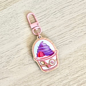 Taro Soft Serve Ice Cream Wooden Keychain 2&quot; in. l  Purple Ube Key Ring & Key Charm Pendant l Kawaii Foodies Keyring