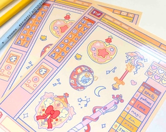 Magical Girl Glossy Sticker Sheet l Digital Computer Y2K Theme l Cosmic Kawaii Sticker Set l For Bujo Planner Bullet Journal Deco