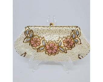 Antique Handmade in France Beautiful Beaded Clutch Evening Purse With Floral Design, Satin interior and Kiss Clasp 7 x 3.5 x 2 Inches