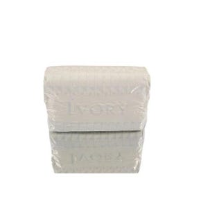 May include: Ivory-colored, rectangular bath towels, stacked and wrapped in clear plastic. The word "IVORY" is embossed on the top towel. The towels appear to be new and unused, ready for use in a bathroom.