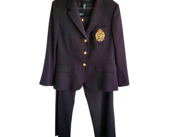 Lauren Ralph Lauren Black Blazer Pant Suit Gold Buttons Crest Logo Preppy Power Suit Sz 14
