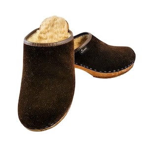 Sven Swedish Shearling Clogs Brown Suede Wood Sole Slip-On Mules Made in Sweden 36
