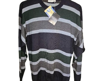 Jersey de punto Claudio Riva de mezcla de lana merino para hombre, talla M, fabricado en Italia, con cuello redondo y rayas.