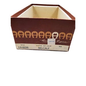 May include: A brown cardboard box with a white interior. The box has the brand name "Aigner" printed on the front, along with the style number "EA-6226" and "SIG-CALF" for the leather and color.