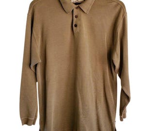 Tommy Bahama Long Sleeve Polo Shirt Men’s M Taupe Ribbed Cotton Casual Relaxed Fit