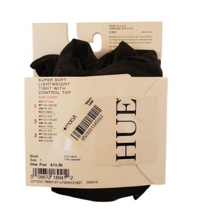 May include: Black sheer tights with a control top. The packaging includes a size chart with measurements in inches and pounds. The brand name HUE is printed on the packaging.