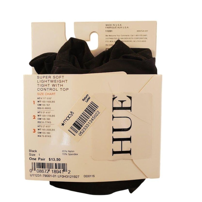 May include: Black sheer tights with a control top. The packaging includes a size chart with measurements in inches and pounds. The brand name HUE is printed on the packaging.