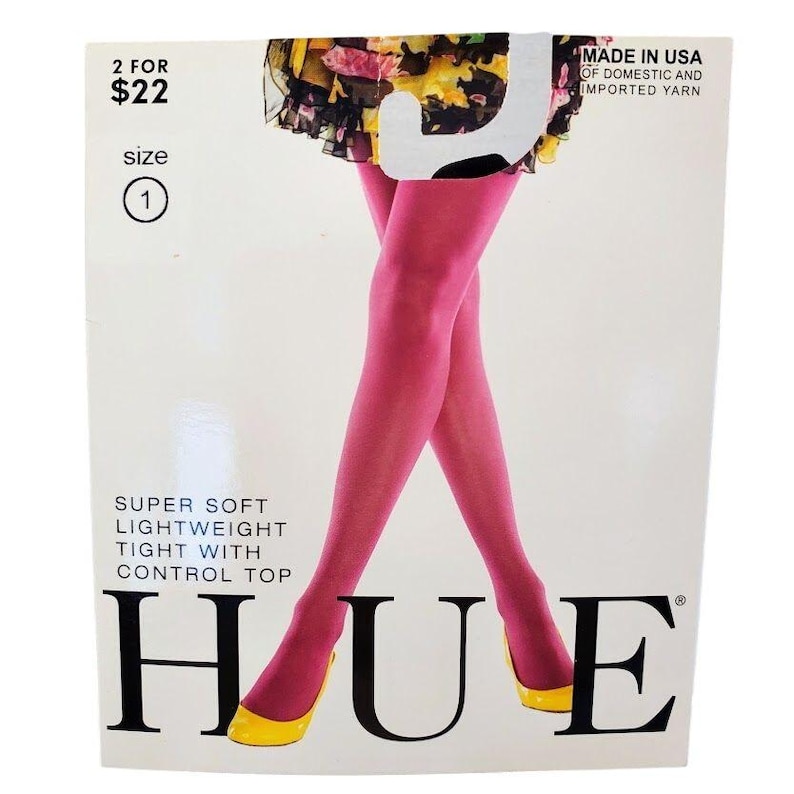May include: A package of pink Hue tights with a control top. The package shows a model wearing the tights with yellow shoes. The text on the package reads "2 for $22", "size 1", "Super Soft Lightweight Tight with Control Top", "Made in USA of Domestic and Imported Yarn", and "Hue".