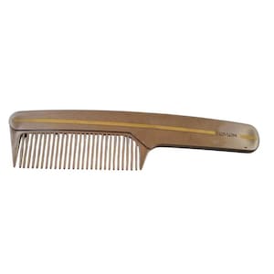 May include: A brown plastic comb with a handle and fine teeth. A thin gold stripe runs down the center of the comb. The brand name "Revlon" is printed on the handle.